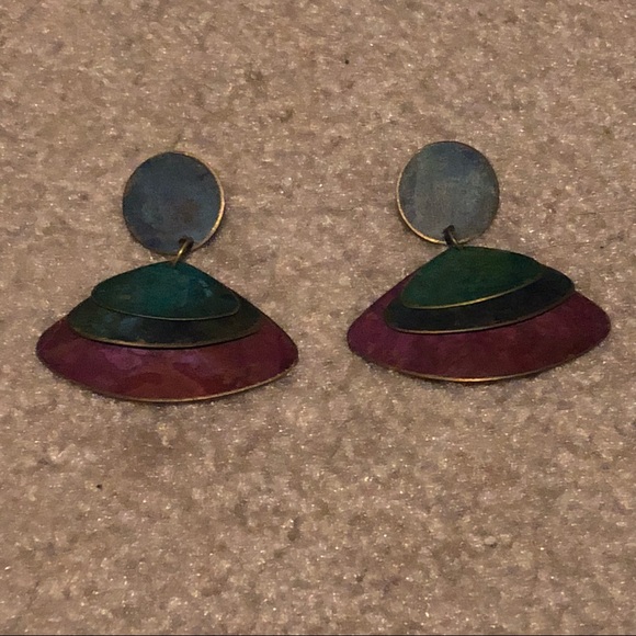 Vintage Jewelry - Metal Jewel Tone Geometric Dangly Earrings  Dangle